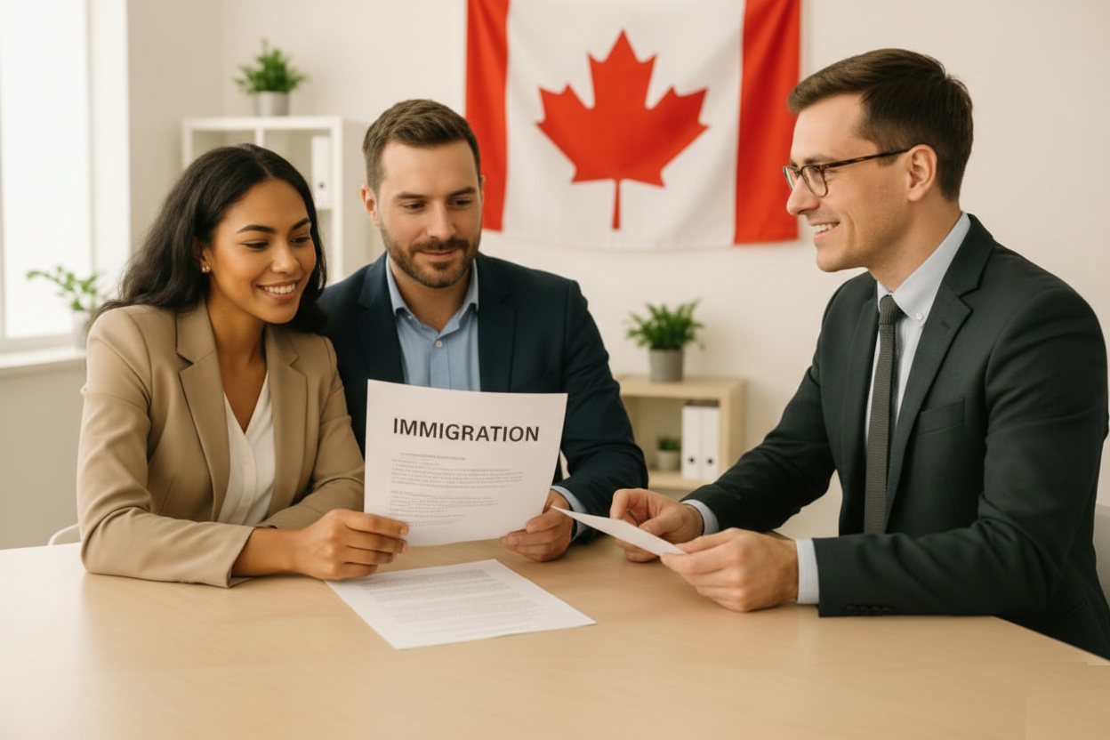 Immigration consultation meeting with Canadian flag